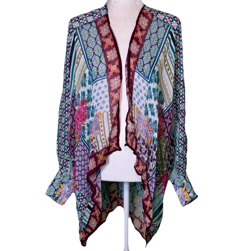 Women Bohemian Floral Patchwork Cover Up Kimono Open Front Beach Resort Sz L/XL
